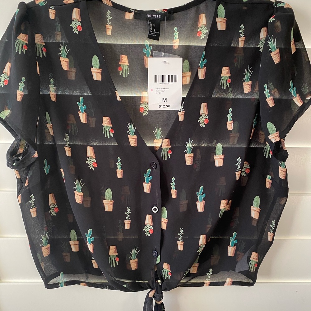 Cacti print sheer cropped button up